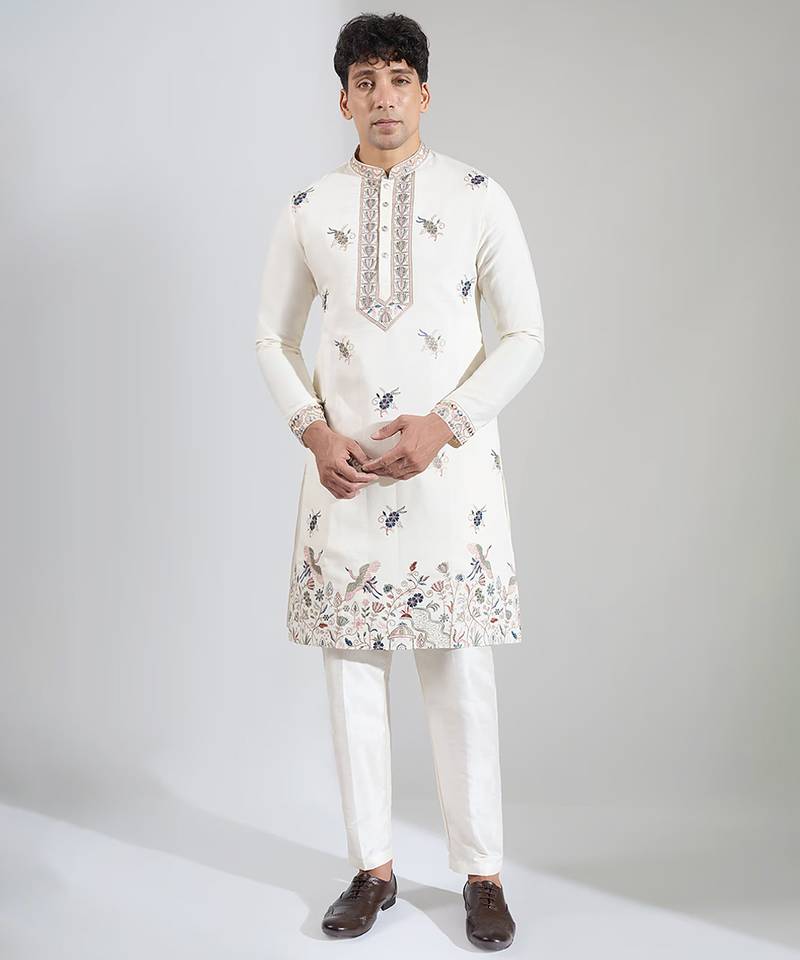 White embroidered cotton kurta pajama