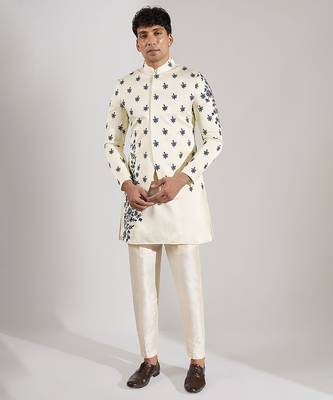 White embroidered raw silk Bandgala set 1
