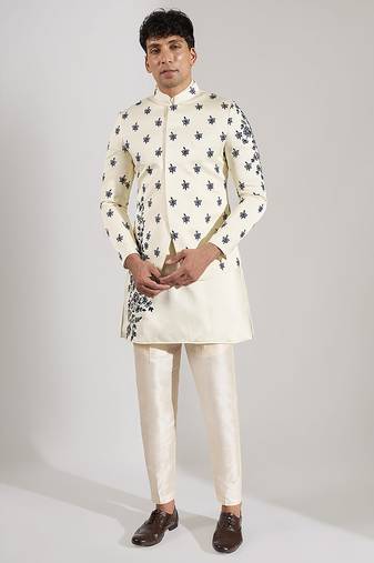 White embroidered raw silk Bandgala set