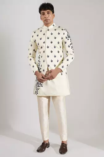 White embroidered raw silk Bandgala set