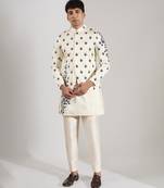 White embroidered raw silk Bandgala set