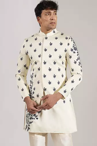 White embroidered raw silk Bandgala set
