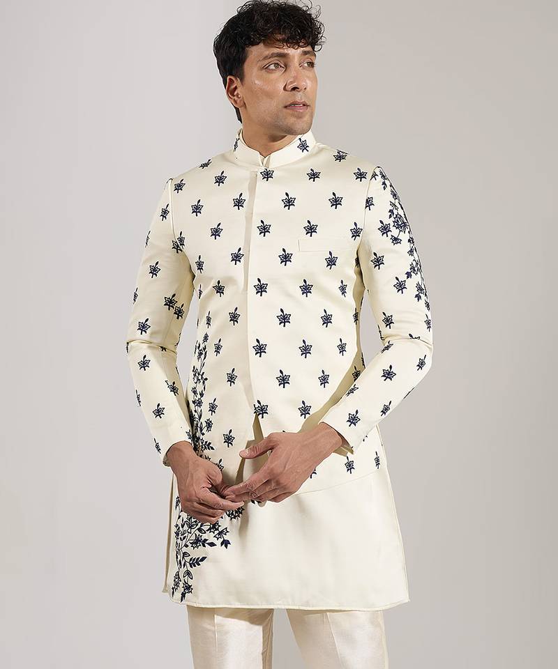 White embroidered raw silk Bandgala set