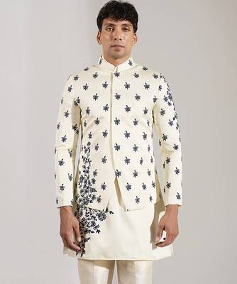 White embroidered raw silk Bandgala set 3
