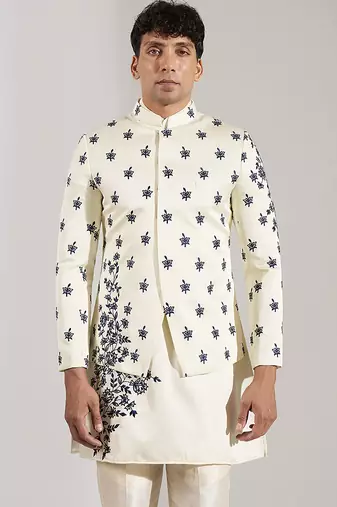 White embroidered raw silk Bandgala set