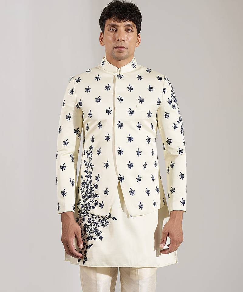 White embroidered raw silk Bandgala set