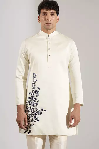 White embroidered raw silk Bandgala set