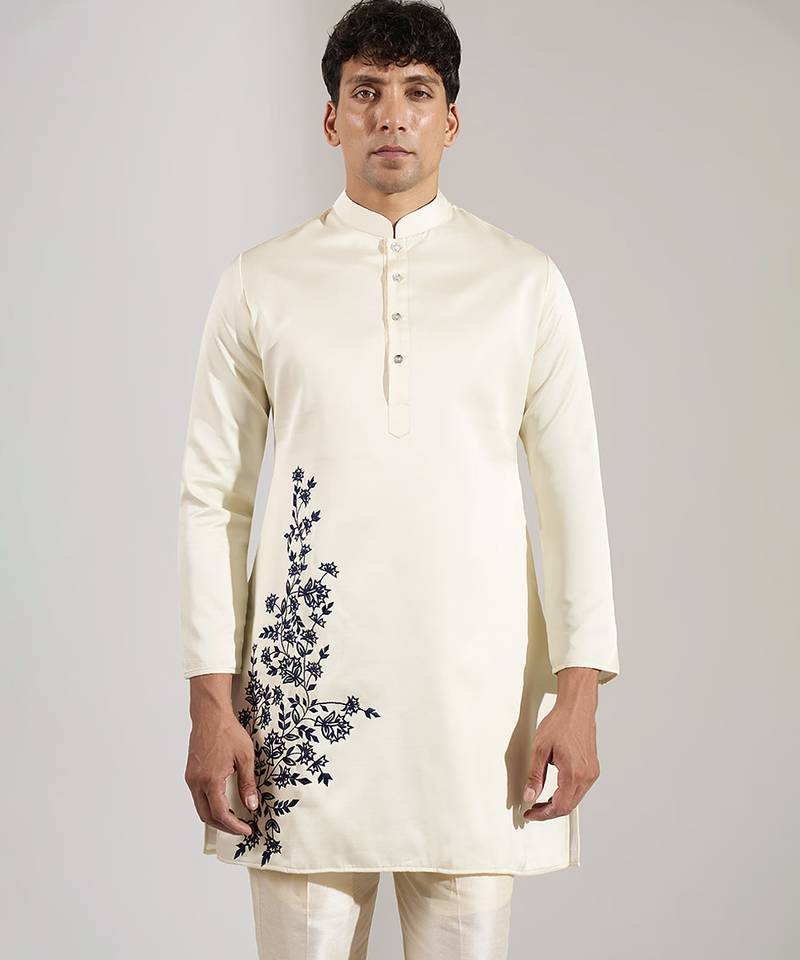 White embroidered raw silk Bandgala set