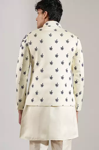 White embroidered raw silk Bandgala set