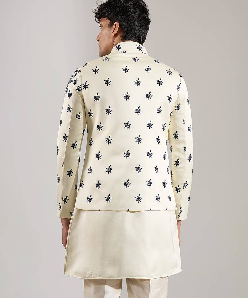 White embroidered raw silk Bandgala set