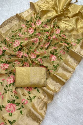 golden color floral tissue saree