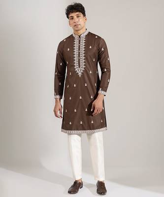 Brown embroidered cotton silk kurta pajama 1