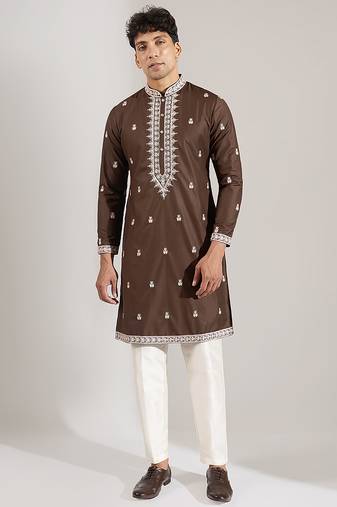 Brown embroidered cotton silk kurta pajama