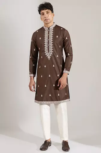 Brown embroidered cotton silk kurta pajama