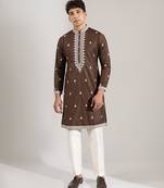 Brown embroidered cotton silk kurta pajama