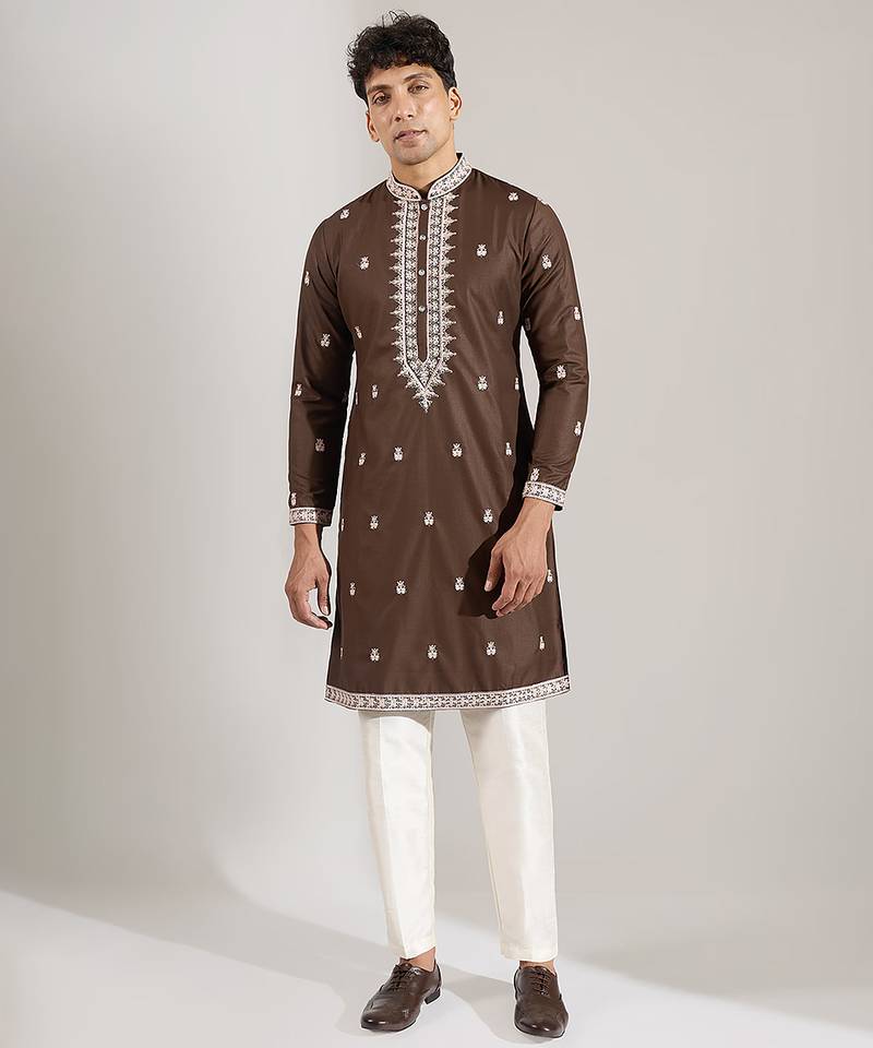 Brown embroidered cotton silk kurta pajama