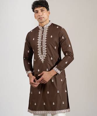 Brown embroidered cotton silk kurta pajama 2