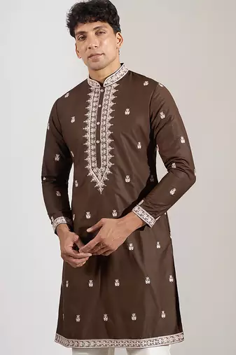 Brown embroidered cotton silk kurta pajama