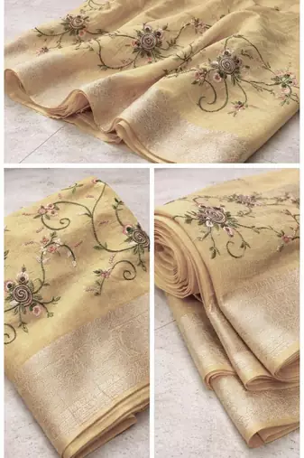 golden color floral tissue saree
