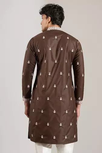 Brown embroidered cotton silk kurta pajama