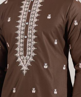Brown embroidered cotton silk kurta pajama 4
