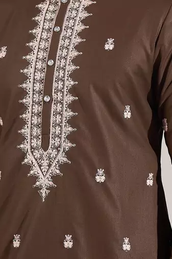 Brown embroidered cotton silk kurta pajama