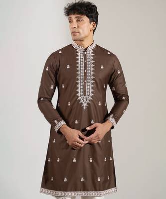 Brown embroidered cotton silk kurta pajama 5