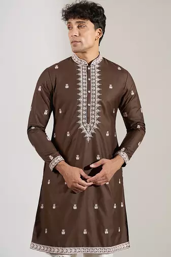 Brown embroidered cotton silk kurta pajama