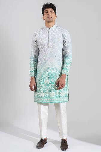 Blue embroidered cotton silk kurta pajama