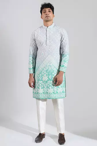 Blue embroidered cotton silk kurta pajama