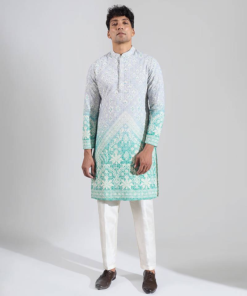 Blue embroidered cotton silk kurta pajama
