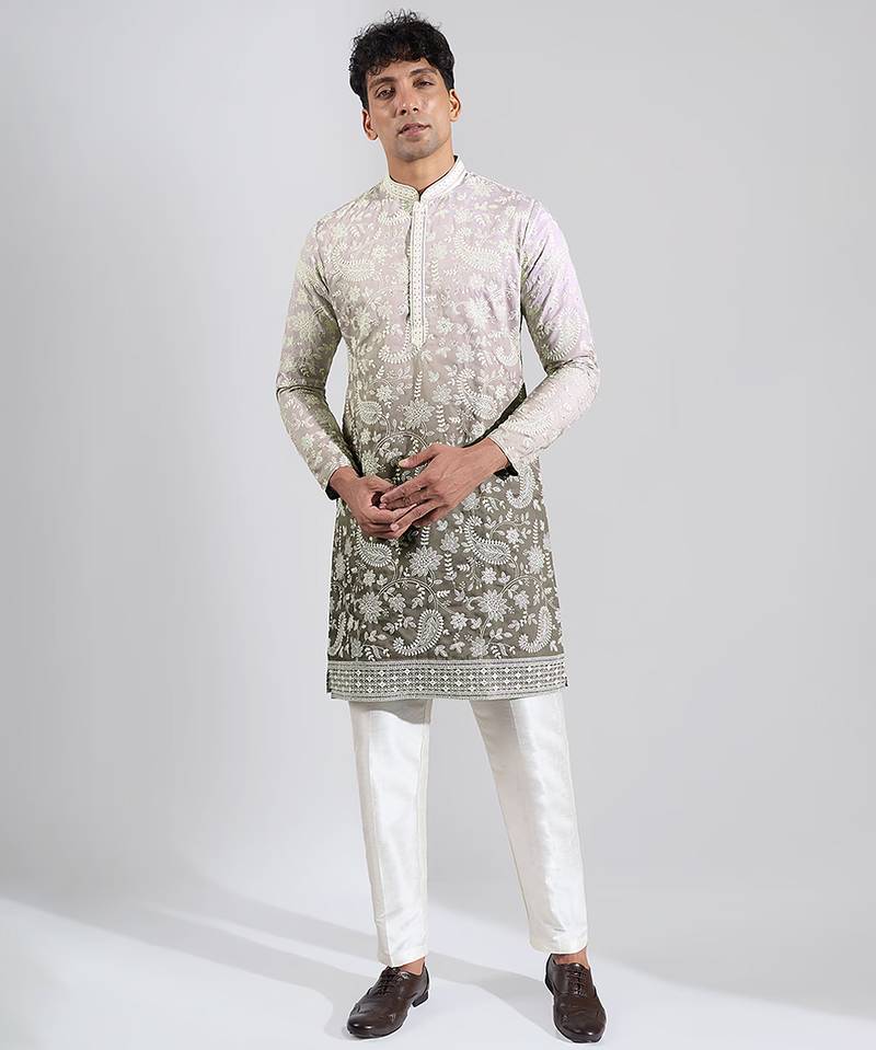 Grey Ombre embroidered crepe kurta pajama