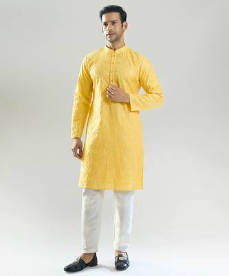 Yellow embroidered cotton silk kurta pajama 1