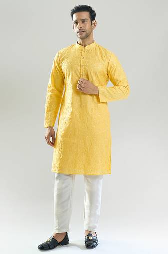 Yellow embroidered cotton silk kurta pajama
