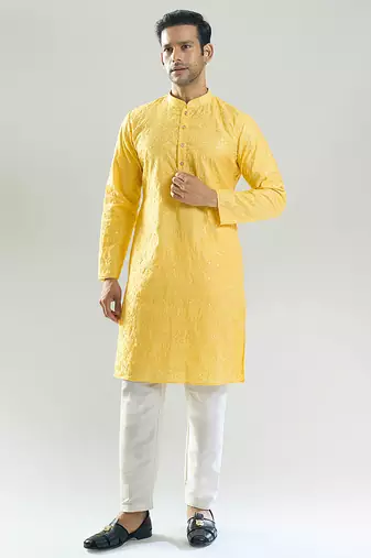 Yellow embroidered cotton silk kurta pajama