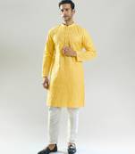 Yellow embroidered cotton silk kurta pajama