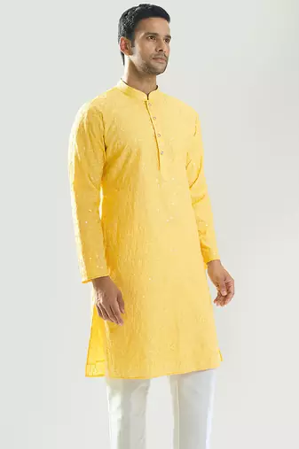 Yellow embroidered cotton silk kurta pajama