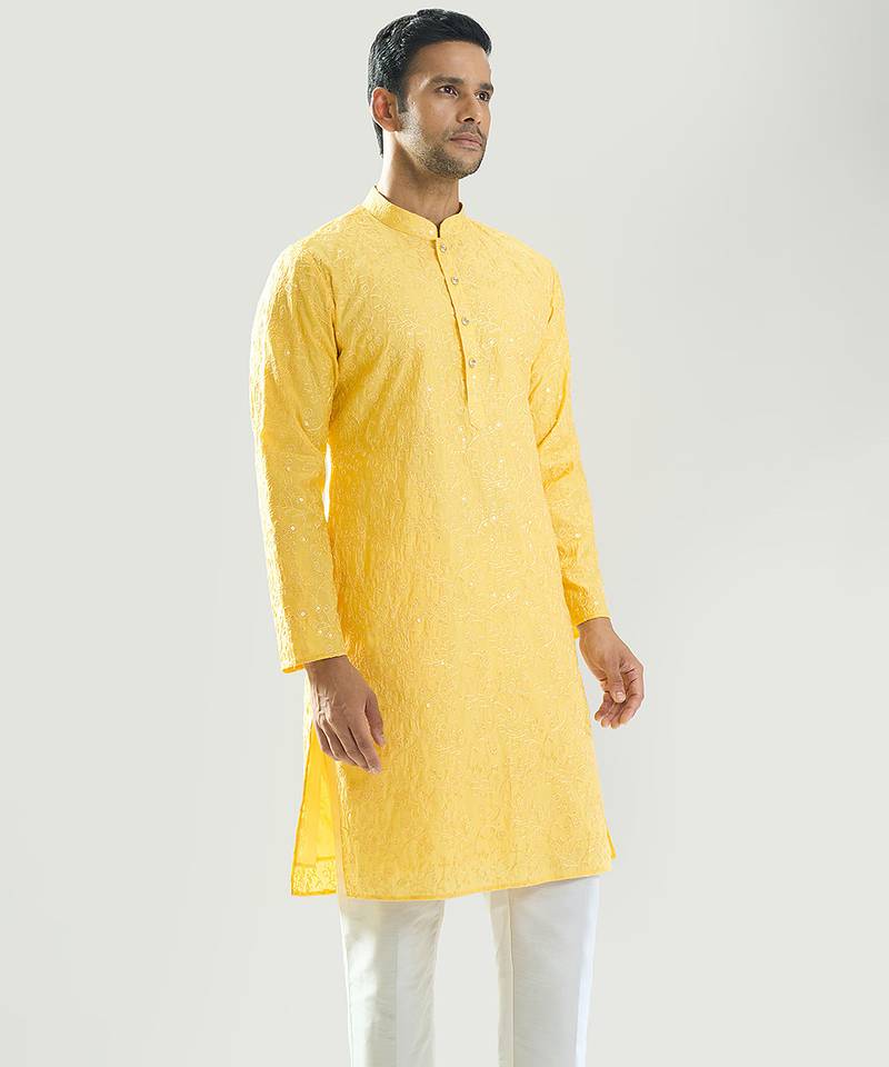 Yellow embroidered cotton silk kurta pajama
