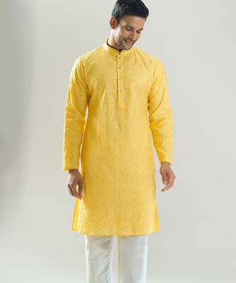 Yellow embroidered cotton silk kurta pajama 3