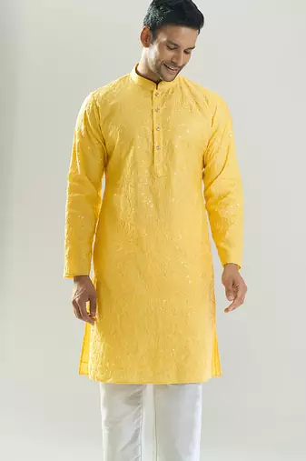 Yellow embroidered cotton silk kurta pajama