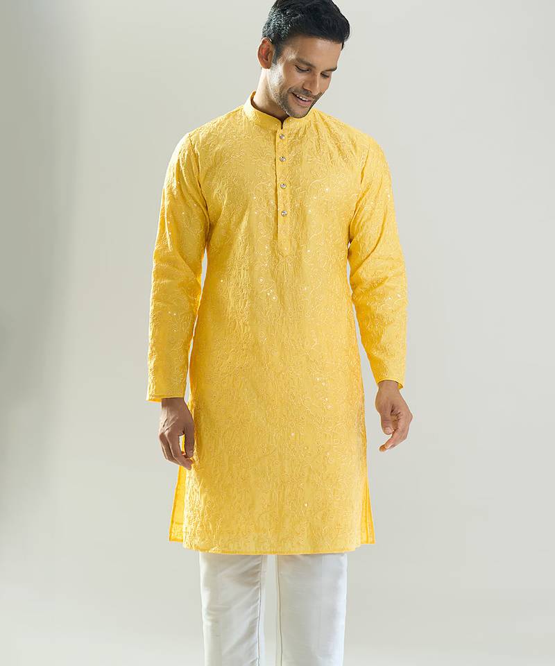 Yellow embroidered cotton silk kurta pajama