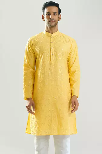 Yellow embroidered cotton silk kurta pajama