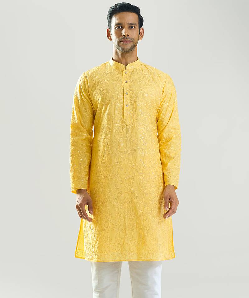 Yellow embroidered cotton silk kurta pajama