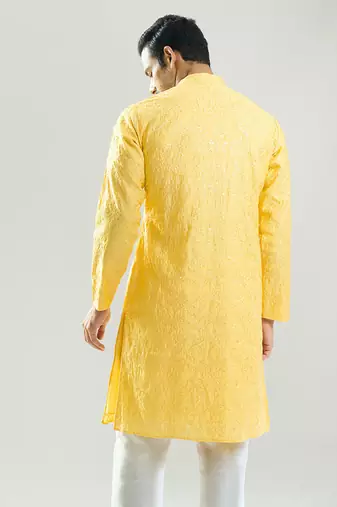 Yellow embroidered cotton silk kurta pajama