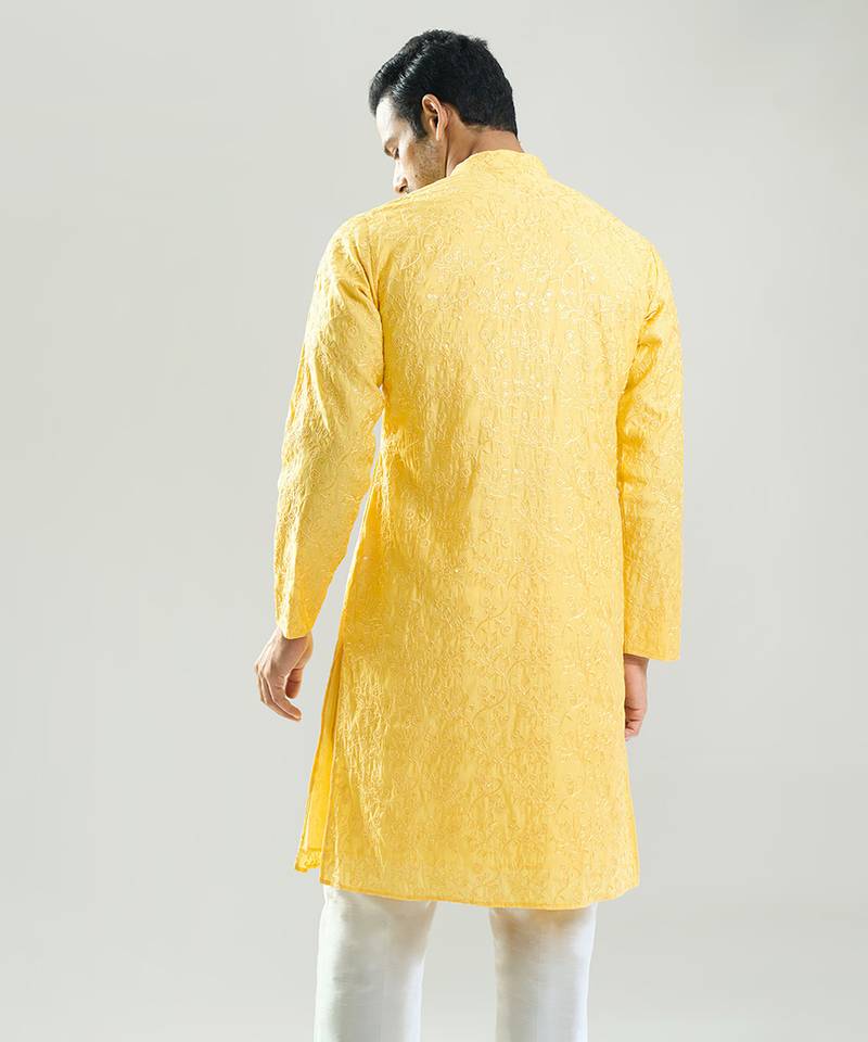 Yellow embroidered cotton silk kurta pajama