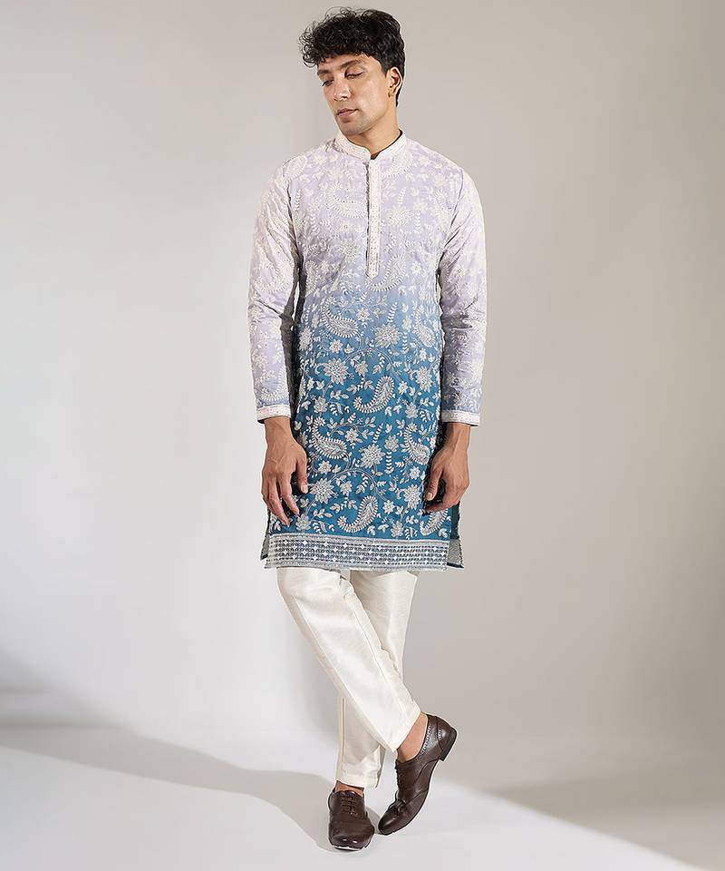 Blue Ombre embroidered crepe kurta pajama