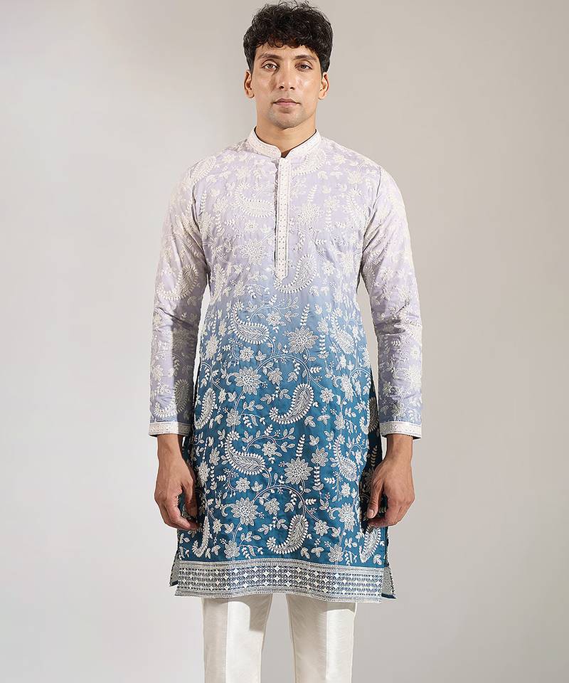 Blue Ombre embroidered crepe kurta pajama