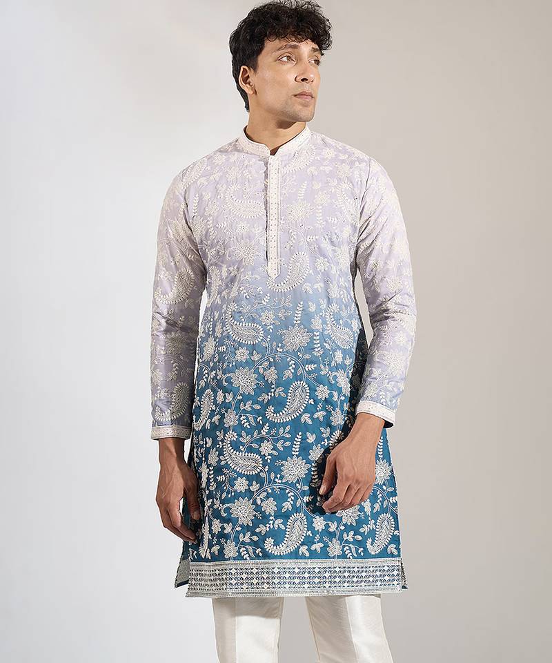 Blue Ombre embroidered crepe kurta pajama