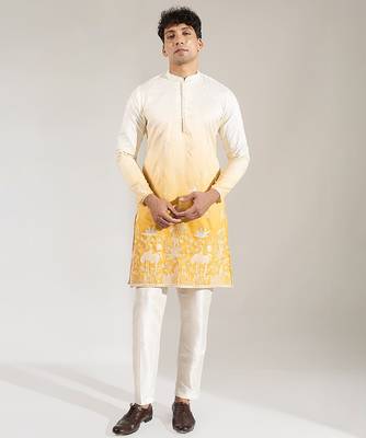 Yellow Ombre embroidered silk kurta pajama 1
