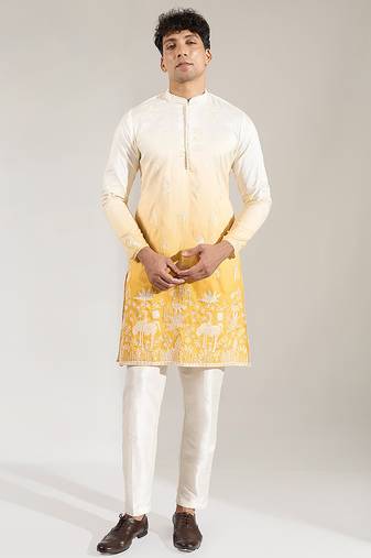 Yellow Ombre embroidered silk kurta pajama